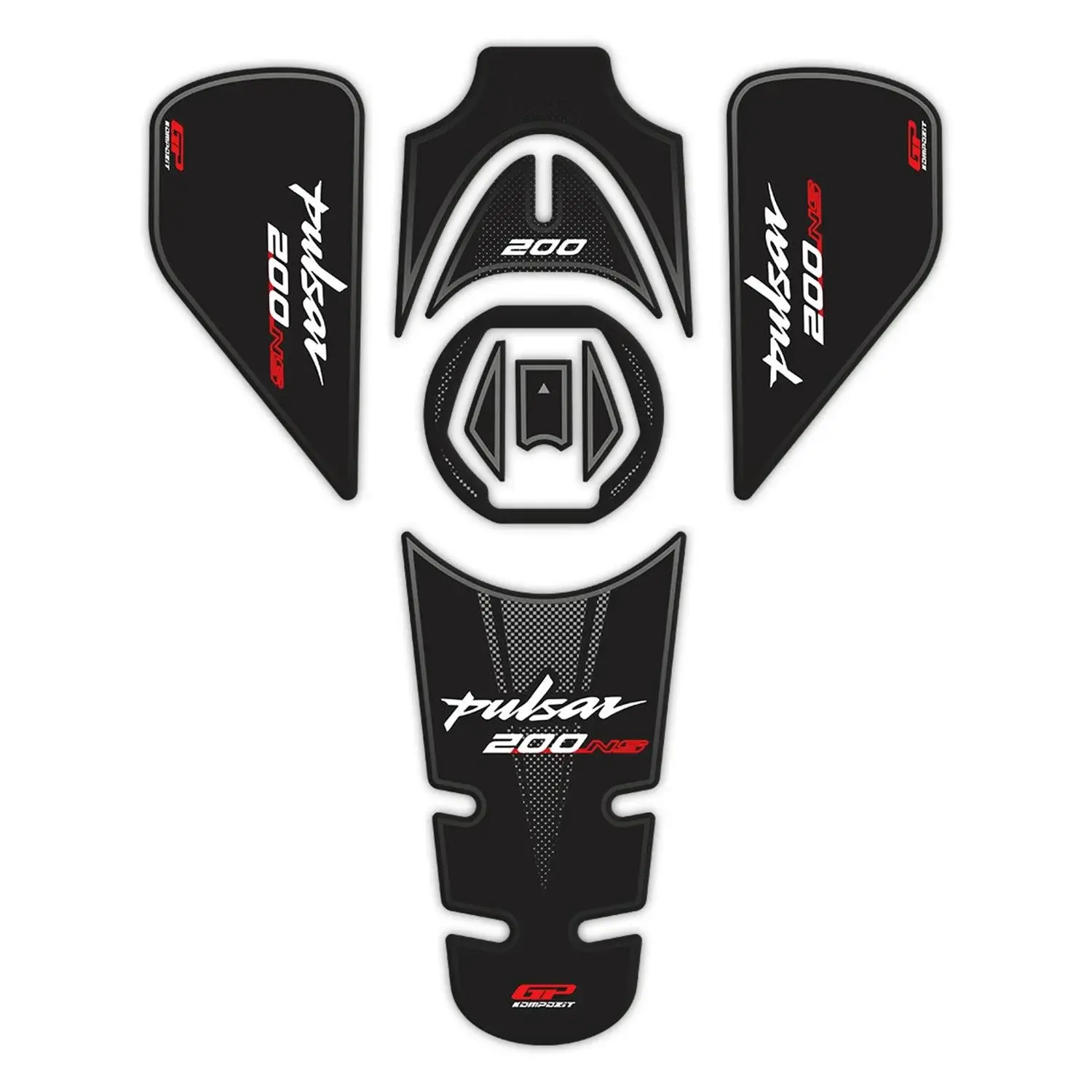GP Kompozit Bajaj Pulsar NS 200 2011-2024 Uyumlu Tank Pad Seti Siyah-Kırmızı GP01060633702044
